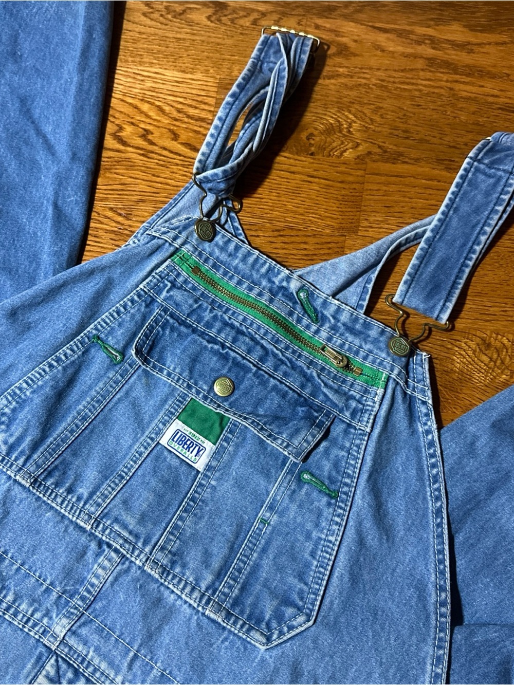 VTG Liberty denim overalls with green stitching 40x29